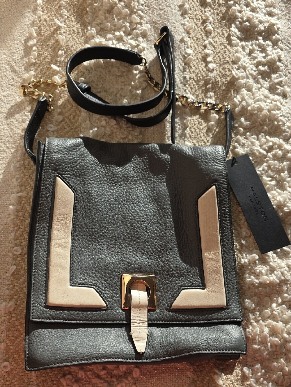 Halston Heritage Black Leather Crossbody with Cream Accents